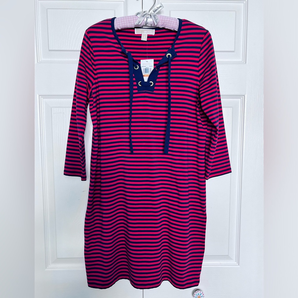 NWT MICHAEL Michael Kors Red & Navy Striped Lace Up Long Sleeve Dress-Size S